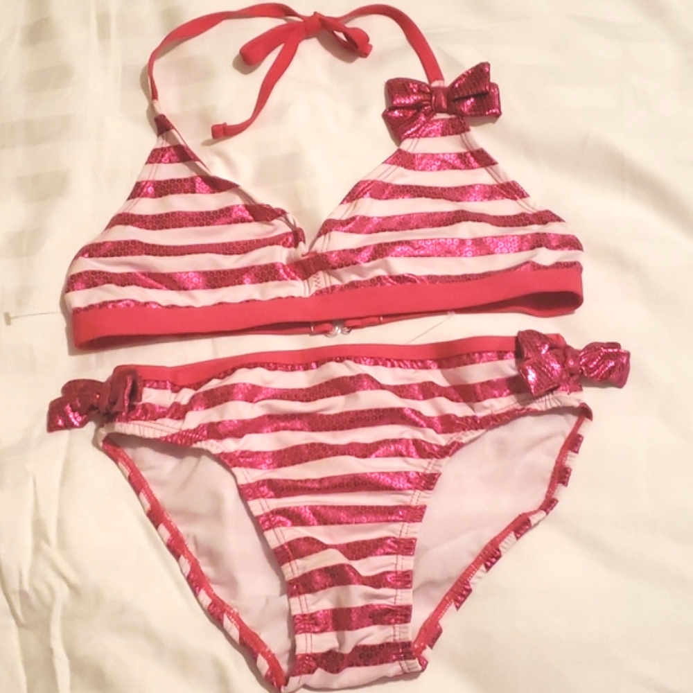 🌴 NWOT Pink & White Striped Bikini W/Bows